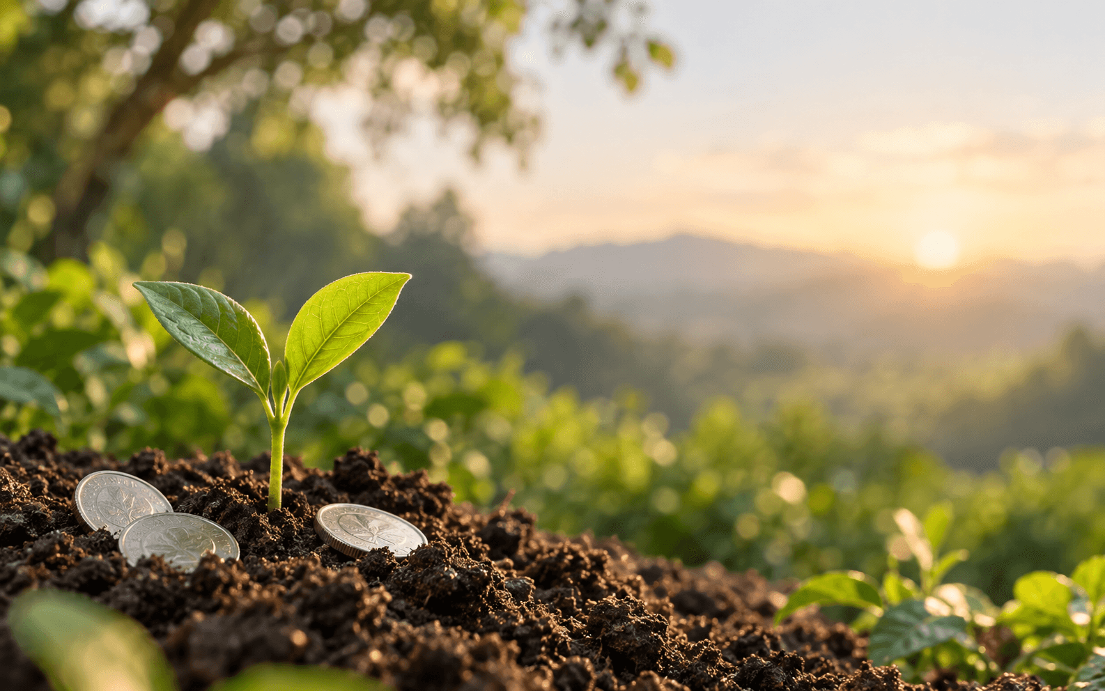 A young seedling growing beside coins in rich soil